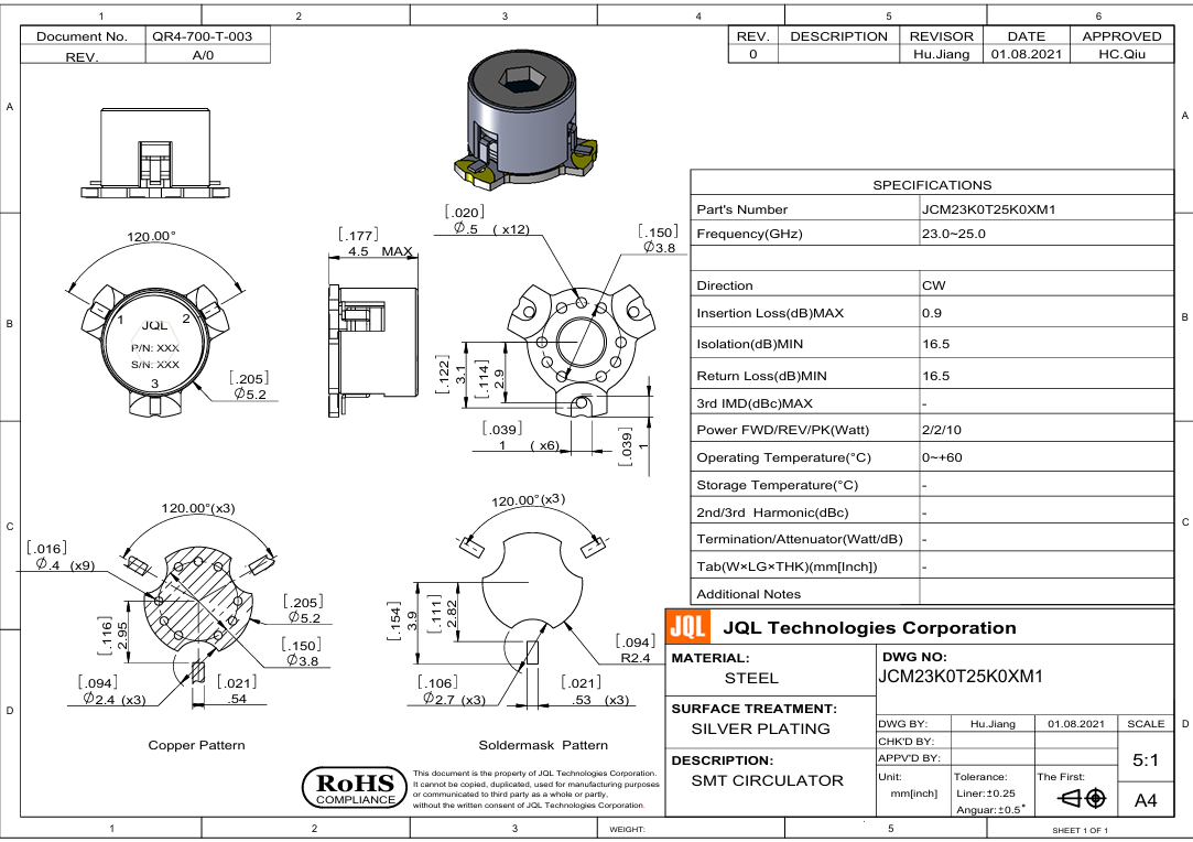 JQL 23-25GHz表面貼裝環行器JCM23K0T25K0XM1 JQL 23-25GHz表面貼裝環行器JCM23K0T25K0XM1